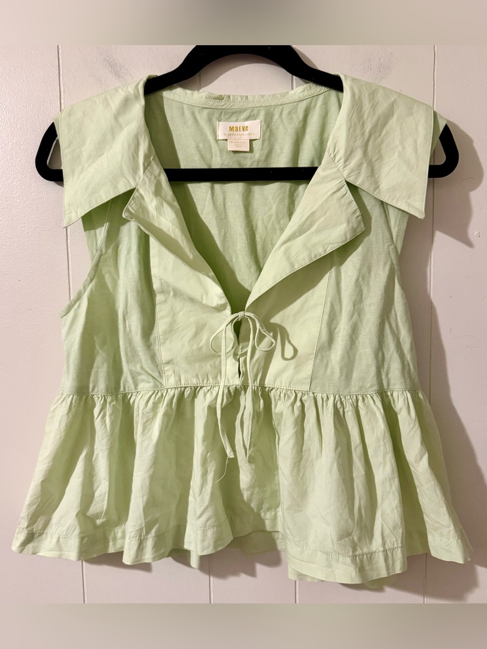 Maeve Anthropologie Mint Green Tie-Front Peplum Baby Doll Blouse, XS